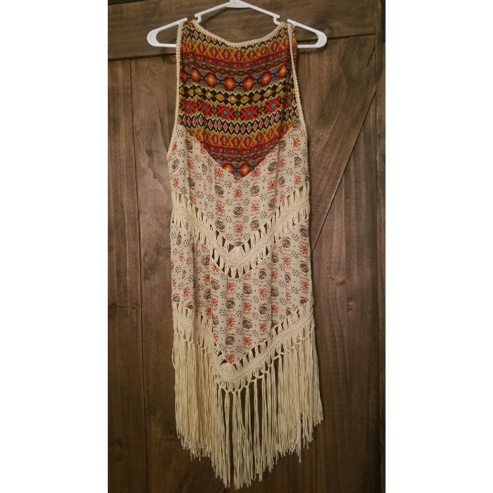Umgee Boho Hippie Fringe Vest Duster Medium Aztec